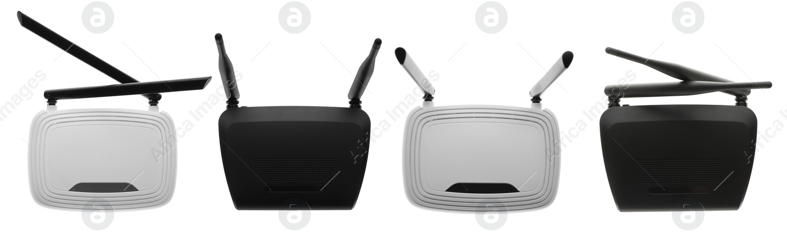 Image of Set with modern Wi-Fi routers on white background, top view. Banner design