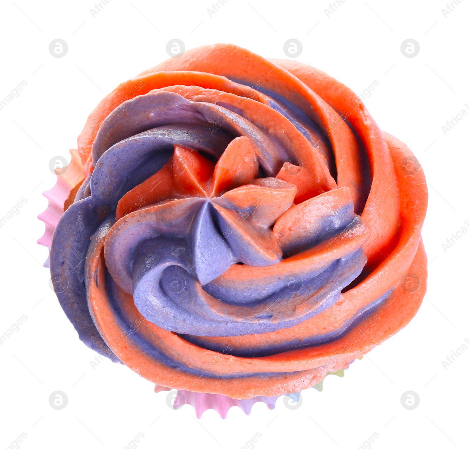 Photo of Delicious cupcake with bright cream isolated on white, top view