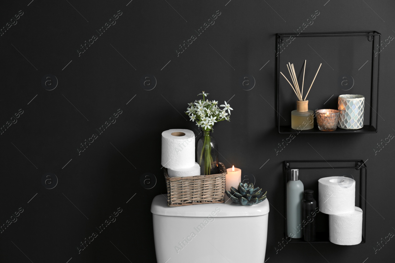 Photo of Decor elements, necessities and toilet bowl near black wall, space for text. Bathroom interior