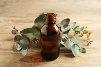 Photo of Bottle of eucalyptus essential oil and leaves on wooden table