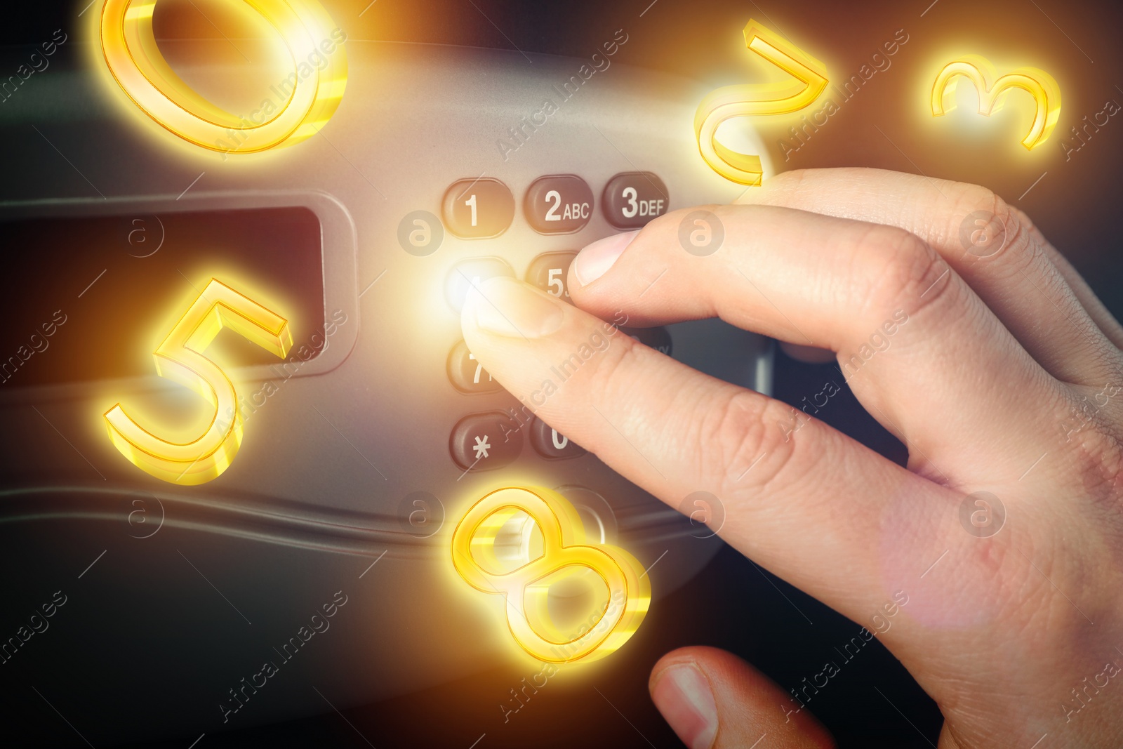 Image of Man pressing buttons on keypad to lock steel safe, closeup. Numbers symbolizing code combination flying around