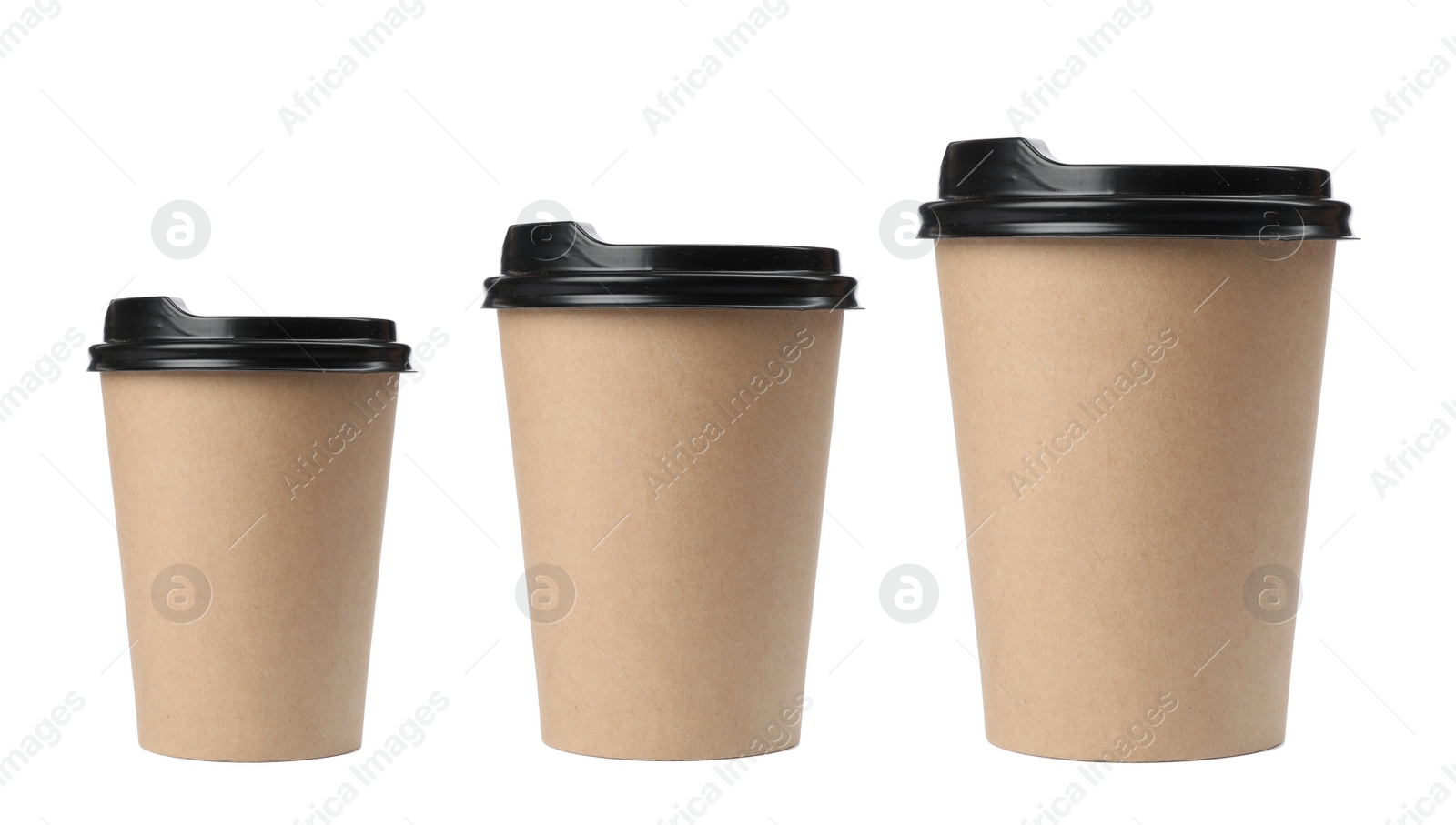 Image of Paper coffee cups of different sizes on white background, collage