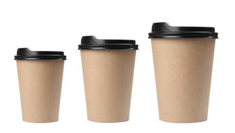 Paper coffee cups of different sizes on white background, collage