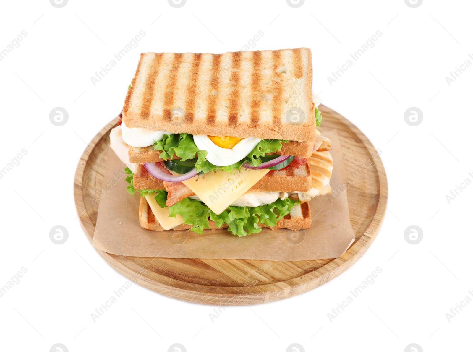 Photo of Tasty sandwich with chicken isolated on white
