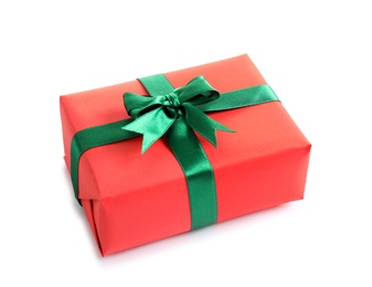 Beautifully wrapped gift box on white background