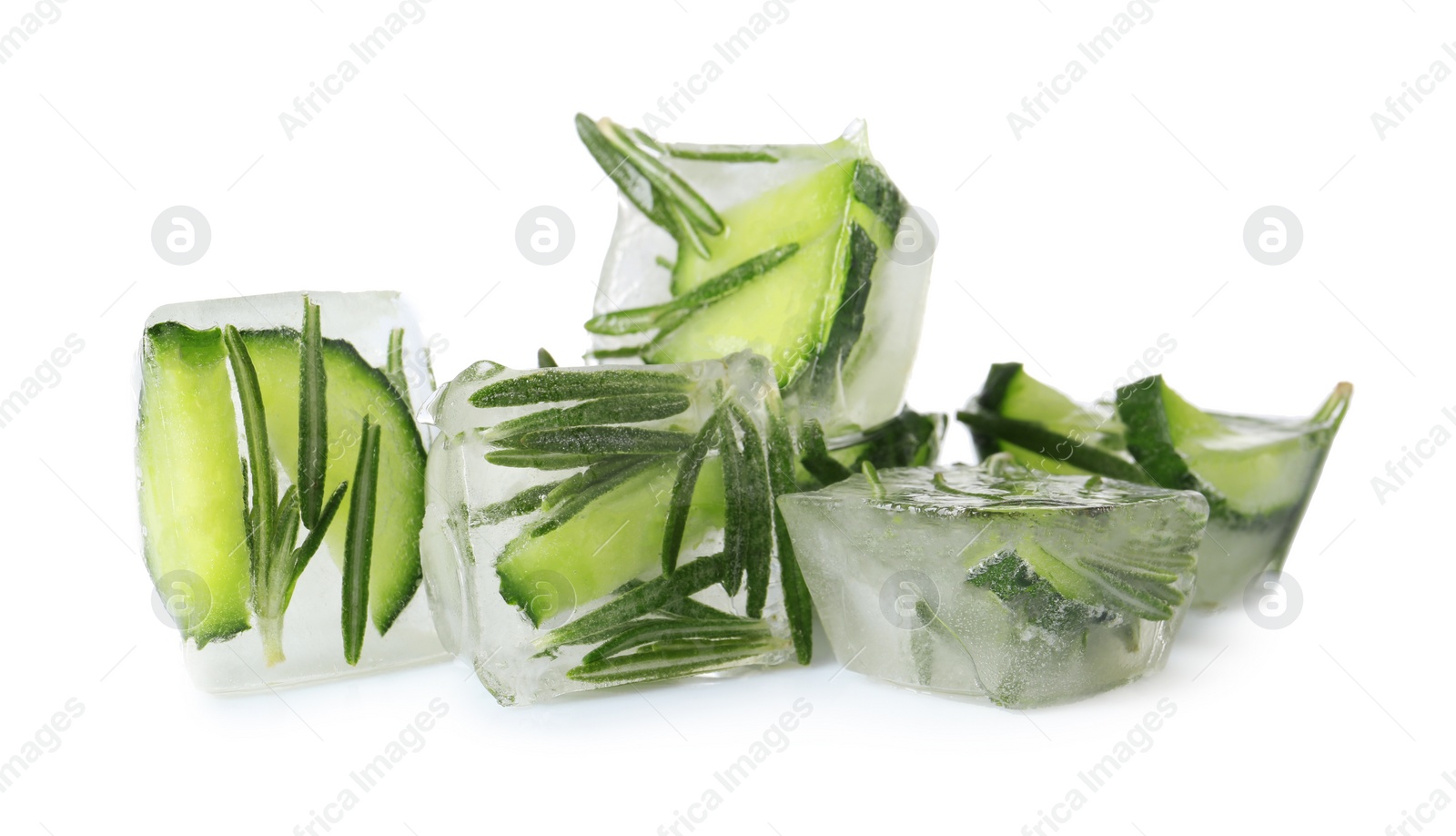 Photo of Ice cubes with cucumber slices and rosemary on white background