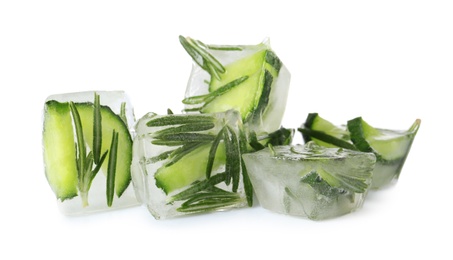 Ice cubes with cucumber slices and rosemary on white background