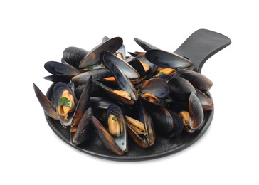 Photo of Serving slate board with cooked mussels and parsley isolated on white