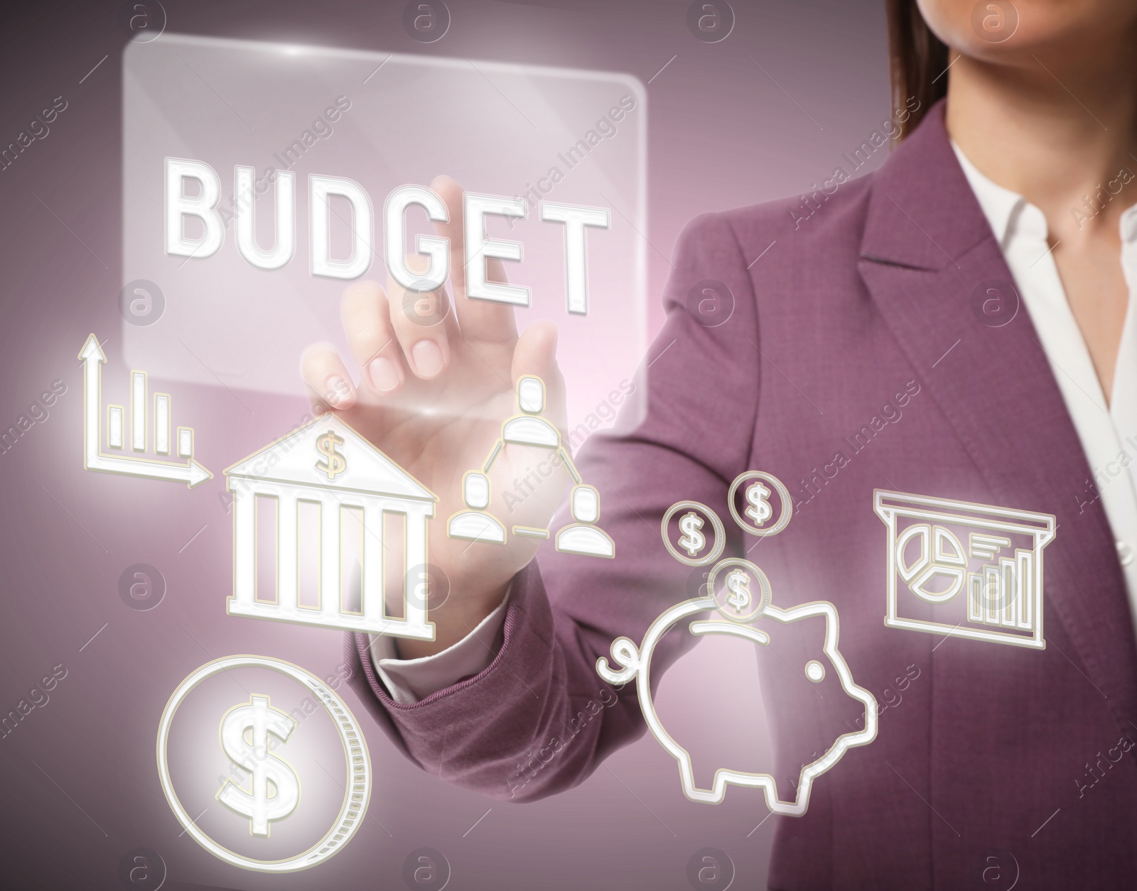 Image of Budget management. Businesswoman using virtual screen with financial icons, closeup