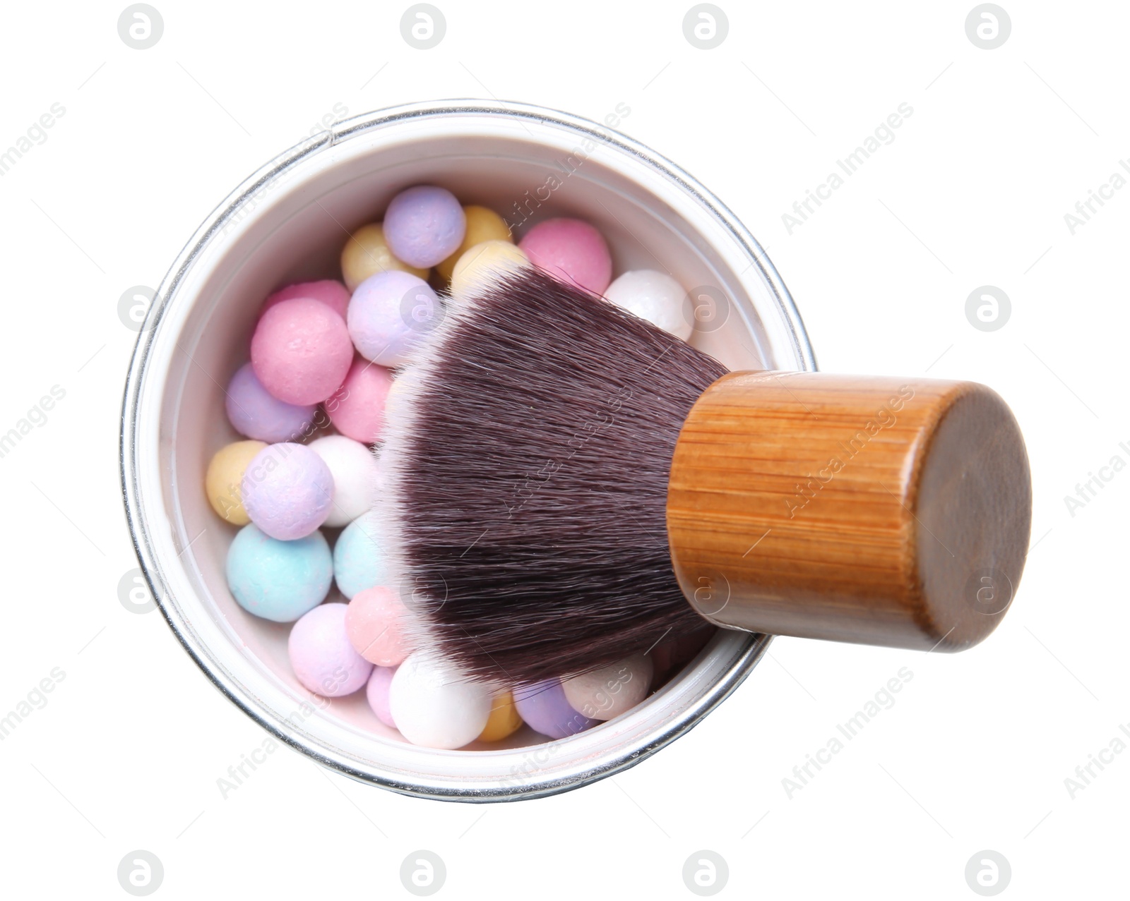 Photo of Powder balls with makeup brush on white background