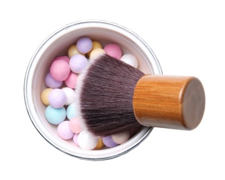 Photo of Powder balls with makeup brush on white background