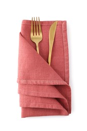 Red napkin with golden fork and knife isolated on white, top view. Cutlery set