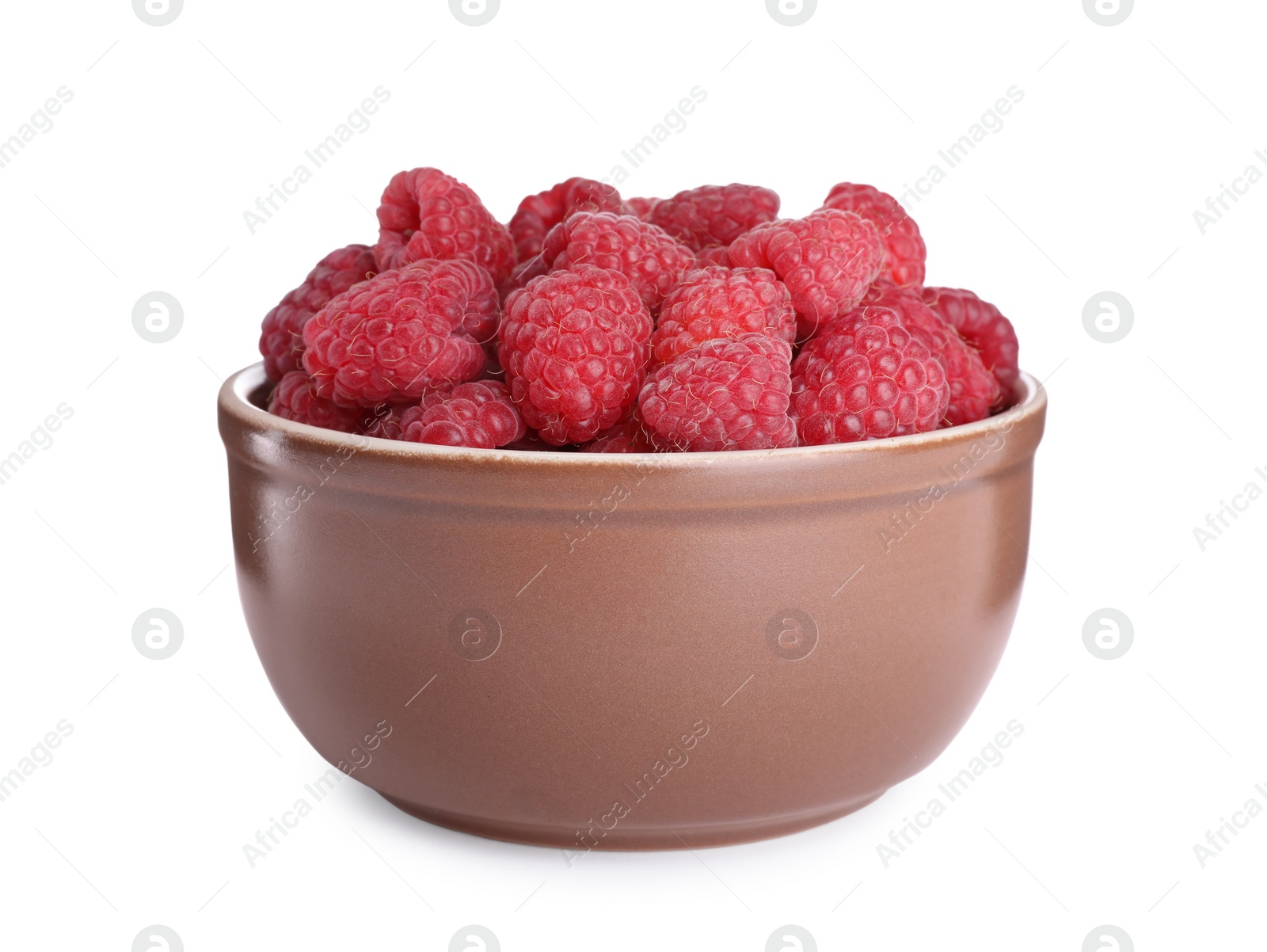 Photo of Fresh ripe raspberries in bowl isolated on white