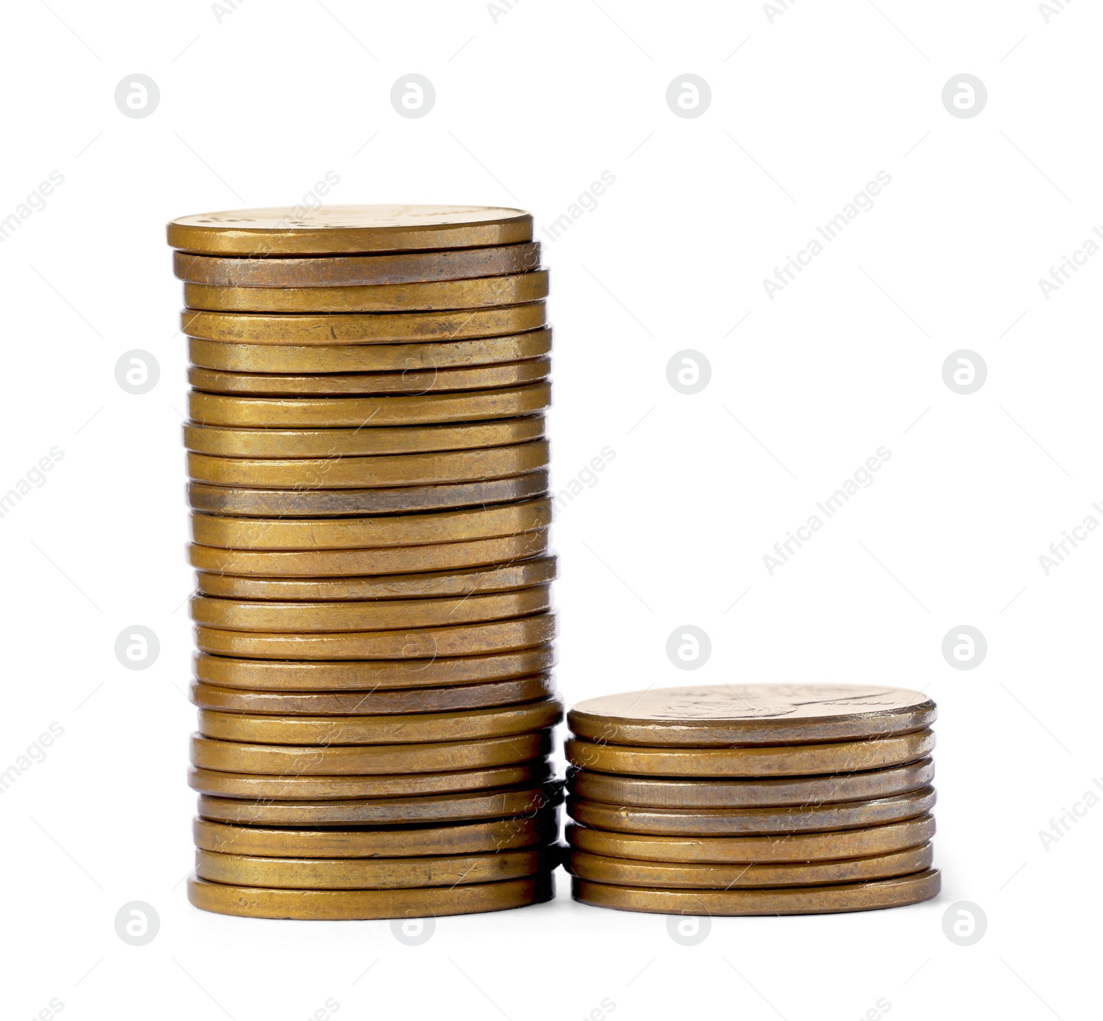 Photo of Many golden coins stacked on white background