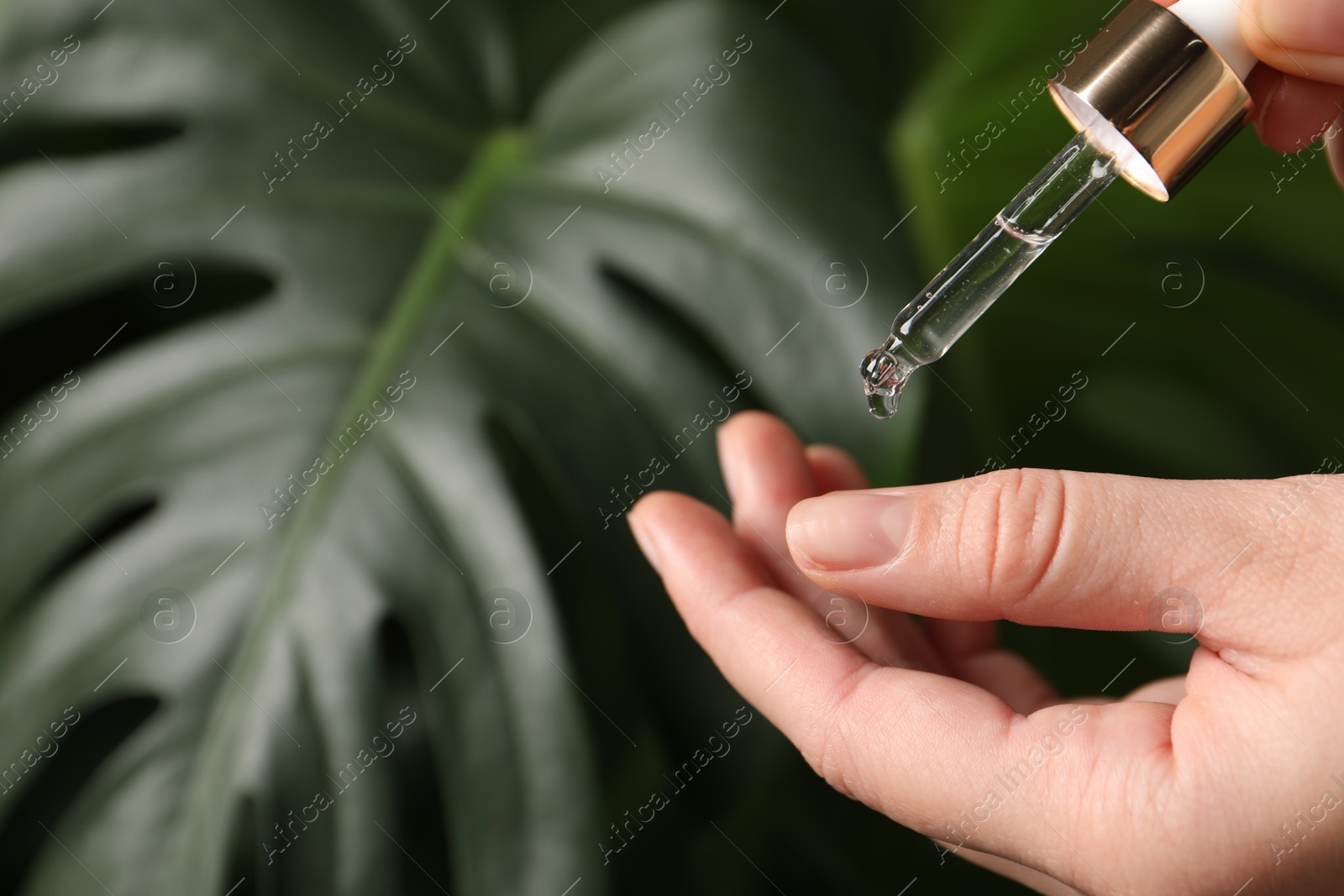 Photo of Woman applying cosmetic serum onto hand on blurred background, closeup. Space for text