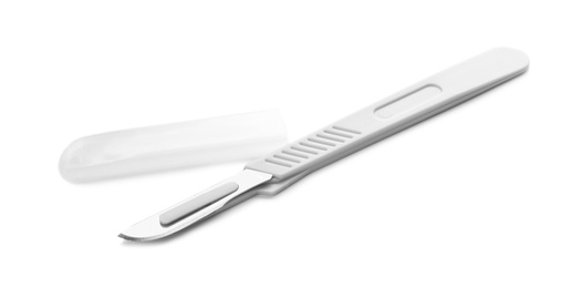 Photo of Surgical scalpel on white background. Medical tool