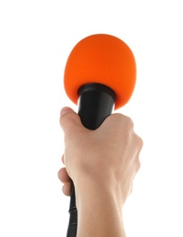 Woman holding microphone on white background, closeup