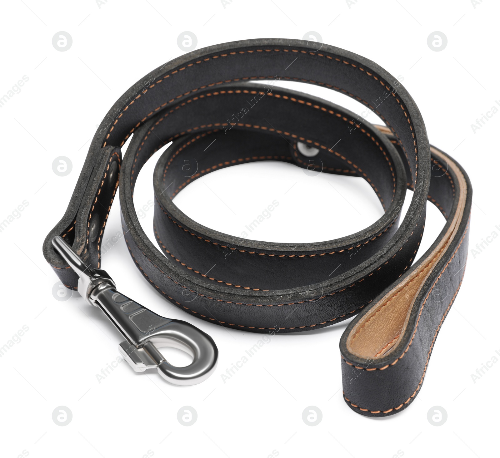 Photo of Black leather dog leash isolated on white