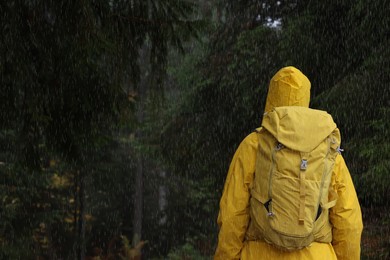 Photo of Woman with raincoat and backpack in forest under rain, back view