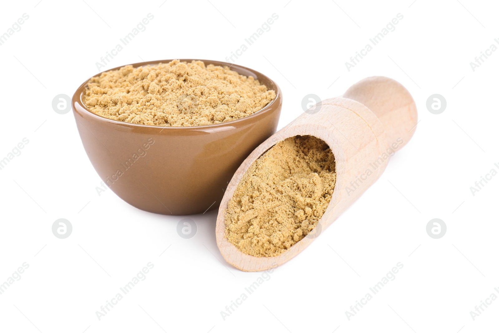 Photo of Bowl and wooden scoop with aromatic mustard powder on white background