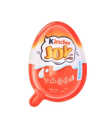 Photo of Slynchev Bryag, Bulgaria - May 24, 2023: Kinder Joy Egg isolated on white, top view
