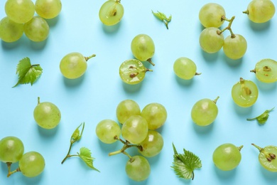 Flat lay composition with fresh ripe juicy grapes on light blue background