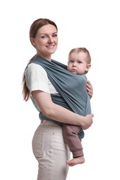 Mother holding her child in baby wrap on white background