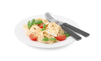 Photo of Delicious pasta with brie cheese, tomatoes, basil and cutlery isolated on white