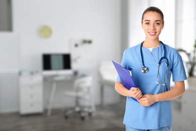 Image of Nurse with stethoscope and clipboard in uniform at hospital