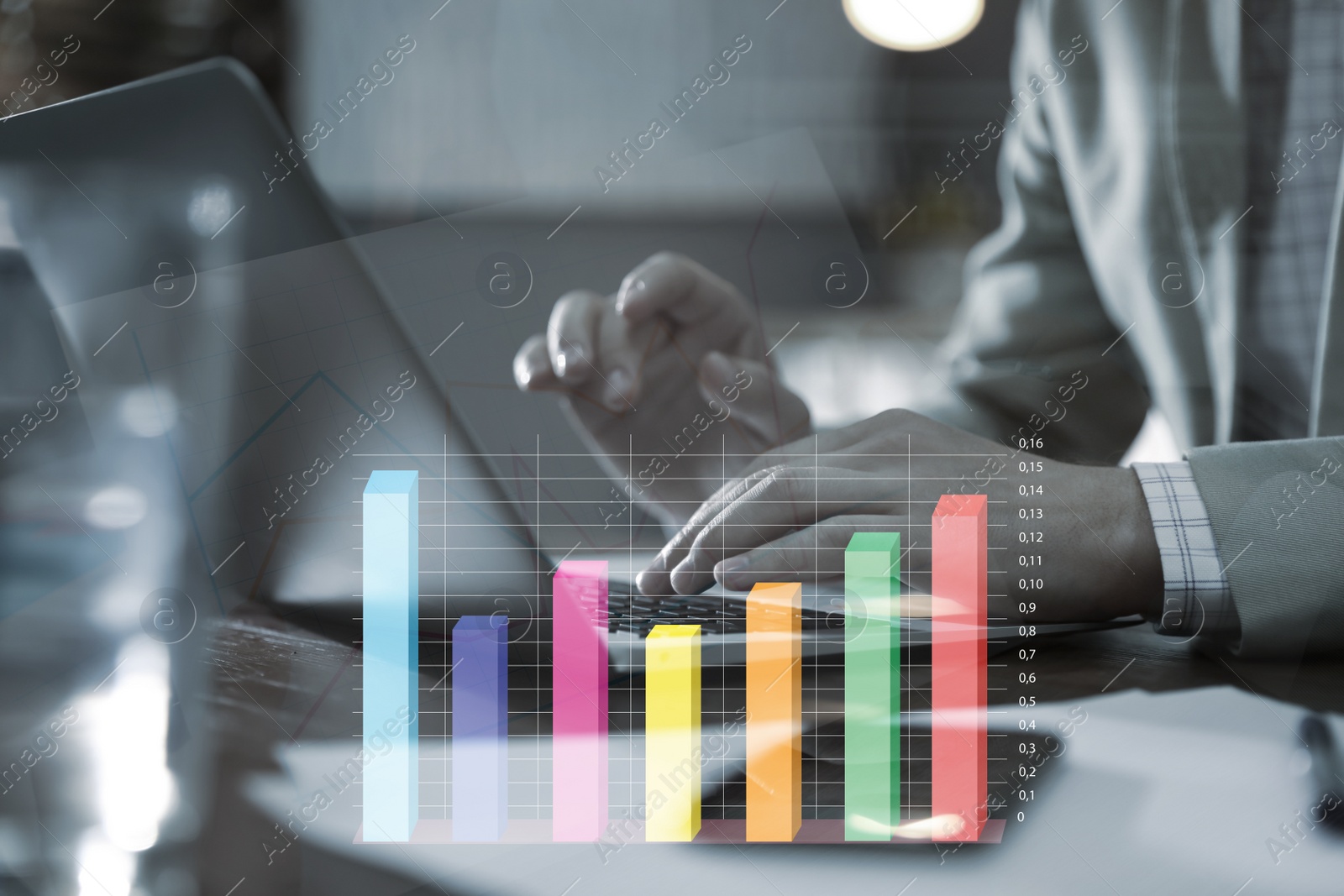 Image of Forex trading. Man working with laptop in office and chart, closeup