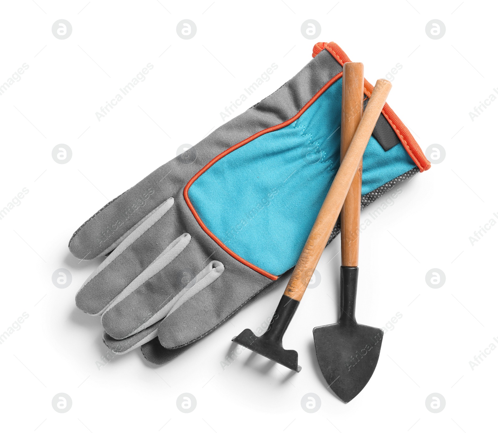 Photo of Set of professional gardening tools on white background