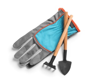 Set of professional gardening tools on white background