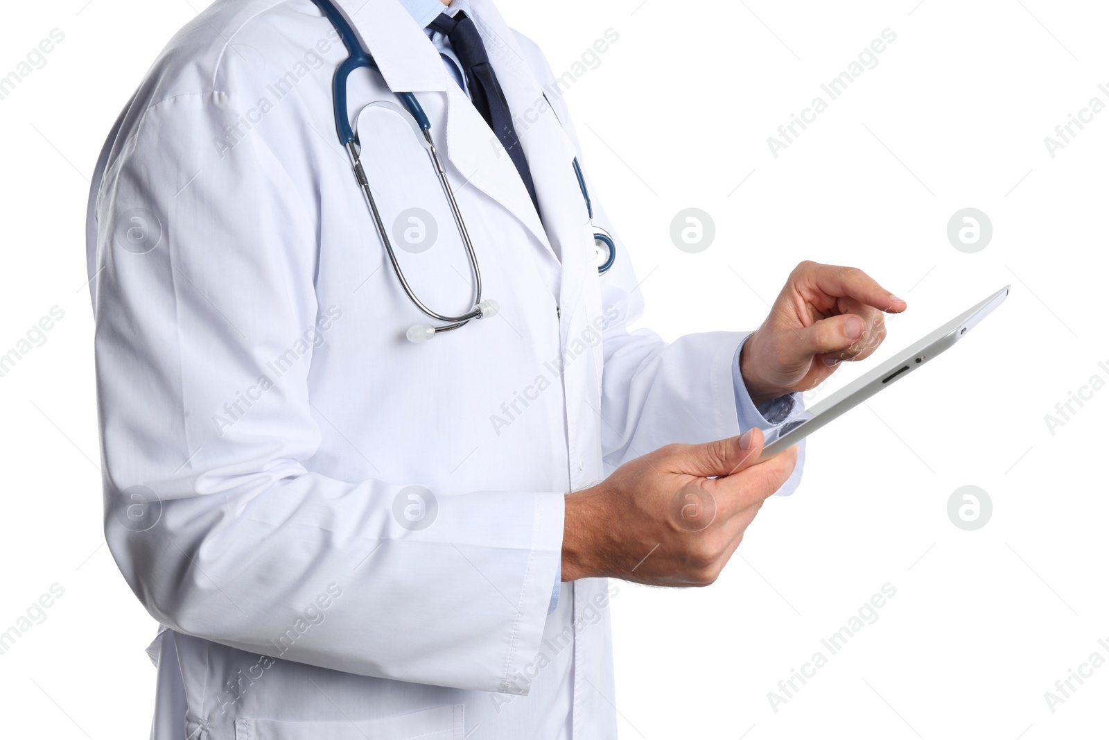 Photo of Male doctor holding modern tablet on white background, closeup