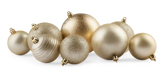 Photo of Beautiful golden Christmas balls isolated on white