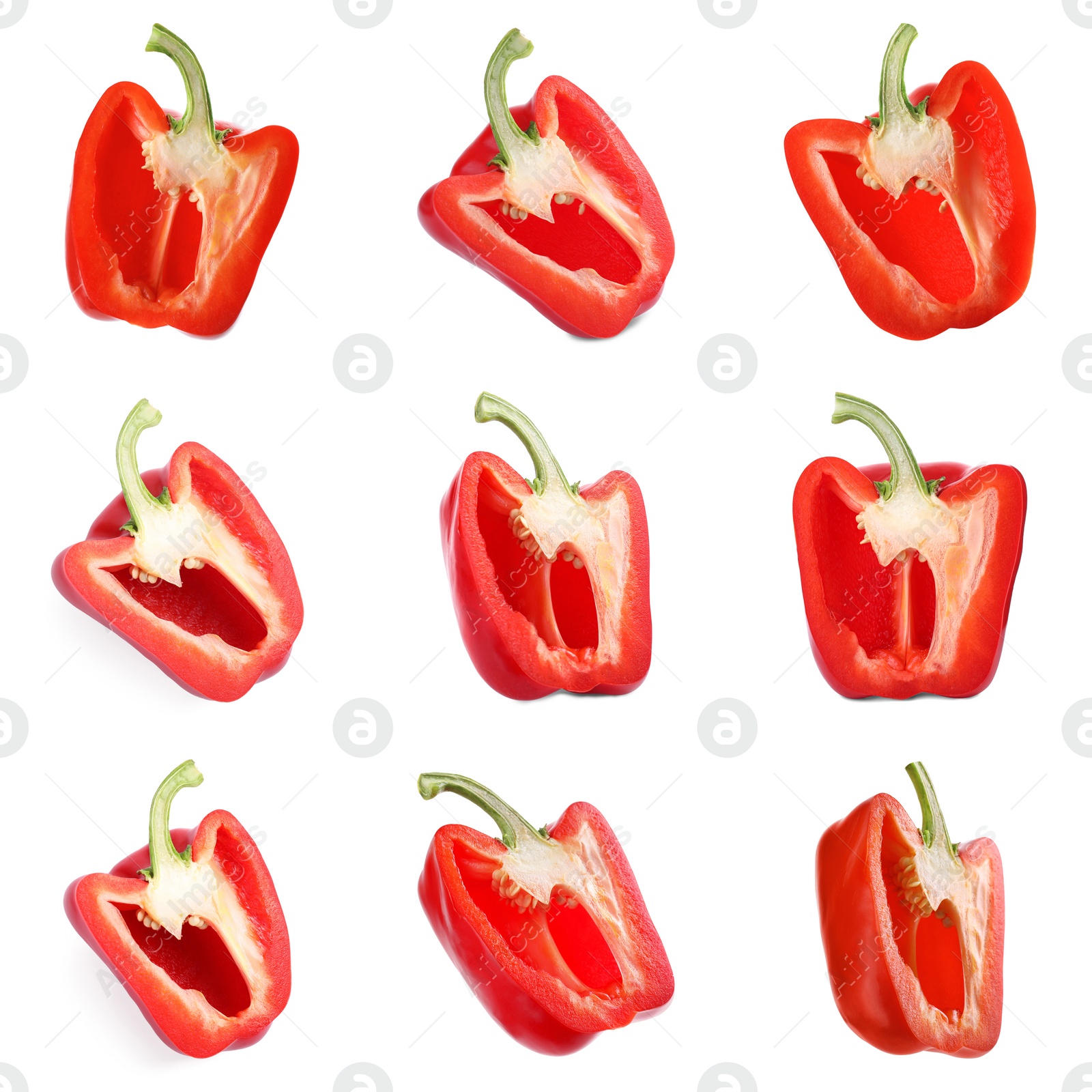 Image of Set of cut ripe red bell peppers on white background