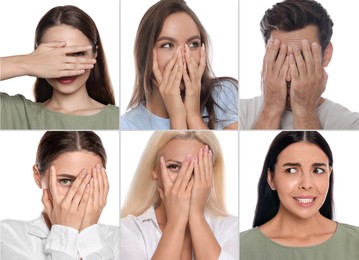 Image of Embarrassed people on white background, set with photos
