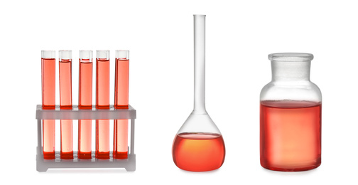 Image of Set of laboratory glassware with red liquid on white background. Banner design