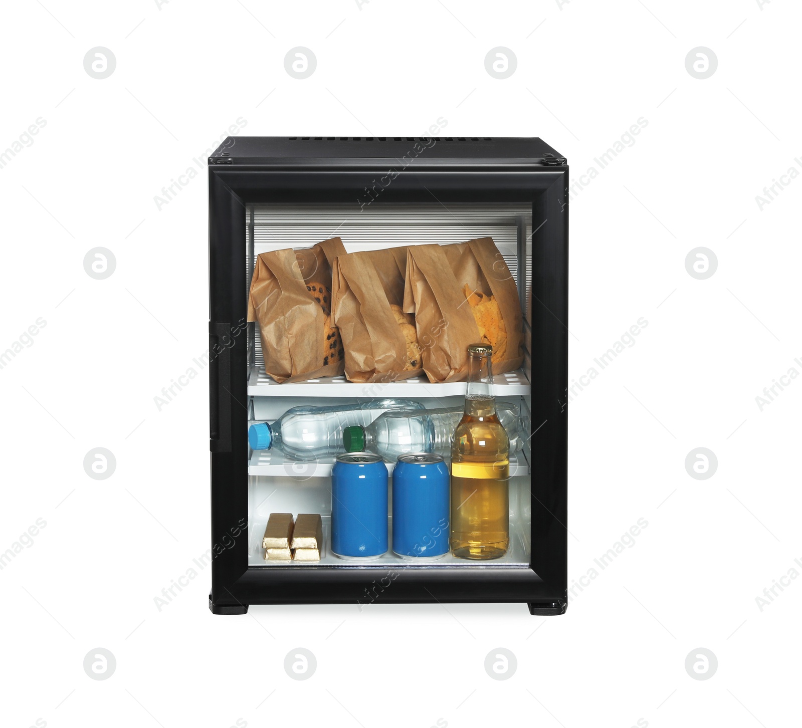 Photo of Mini bar filled with food and drinks isolated on white