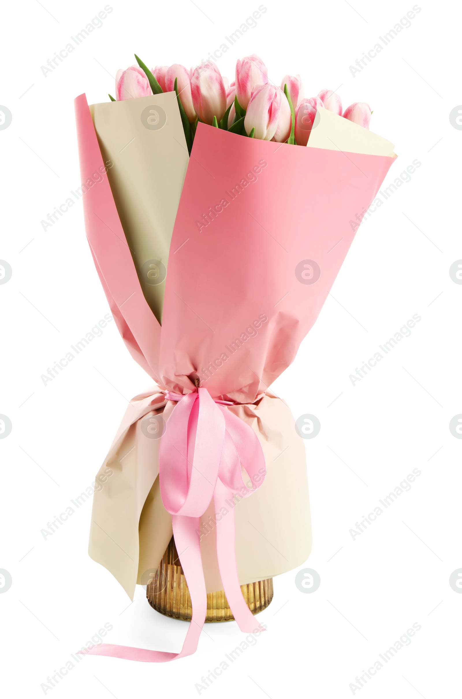 Photo of Bouquet of beautiful tulips in vase isolated on white