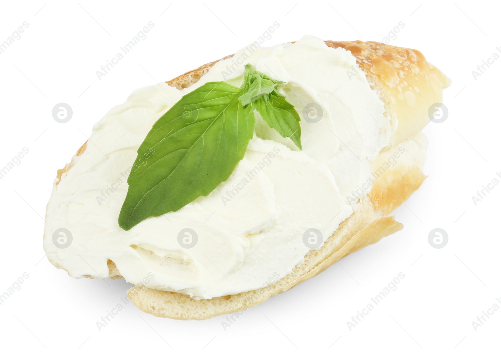 Photo of Bruschetta with cream cheese and basil leaves isolated on white, top view