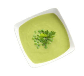 Photo of Fresh vegetable detox soup made of green peas in dish on white background, top view