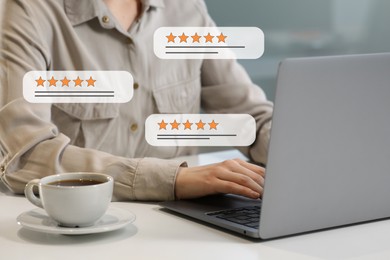 Image of Woman leaving feedback using laptop, closeup. Illustrations of reviews with stars
