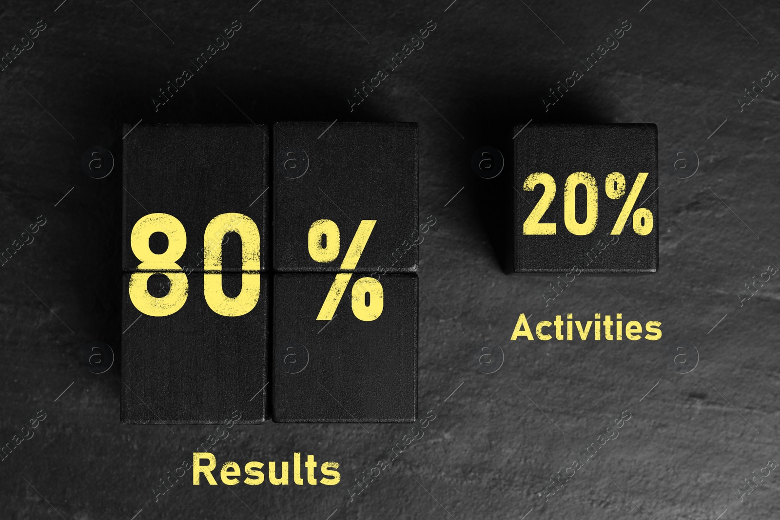 Image of Flat lay composition with cubes on black slate background. Pareto principle concept