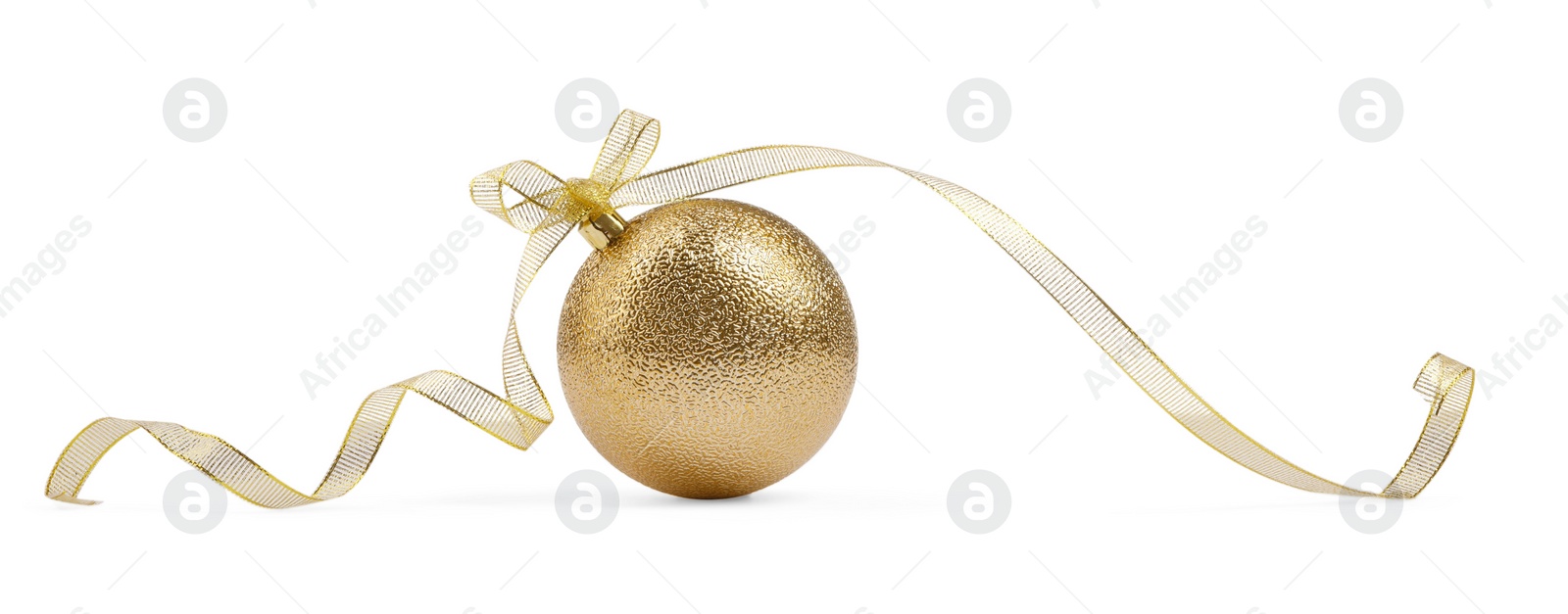 Photo of Beautiful golden Christmas ball with ribbon isolated on white