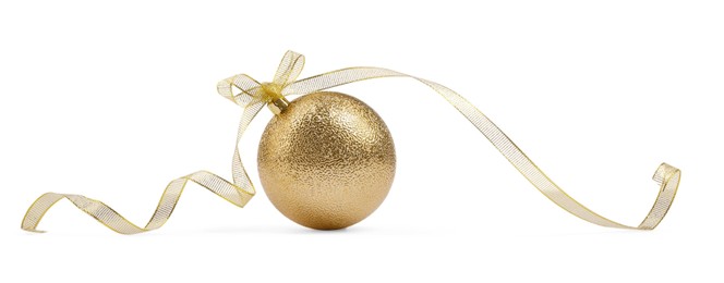 Photo of Beautiful golden Christmas ball with ribbon isolated on white