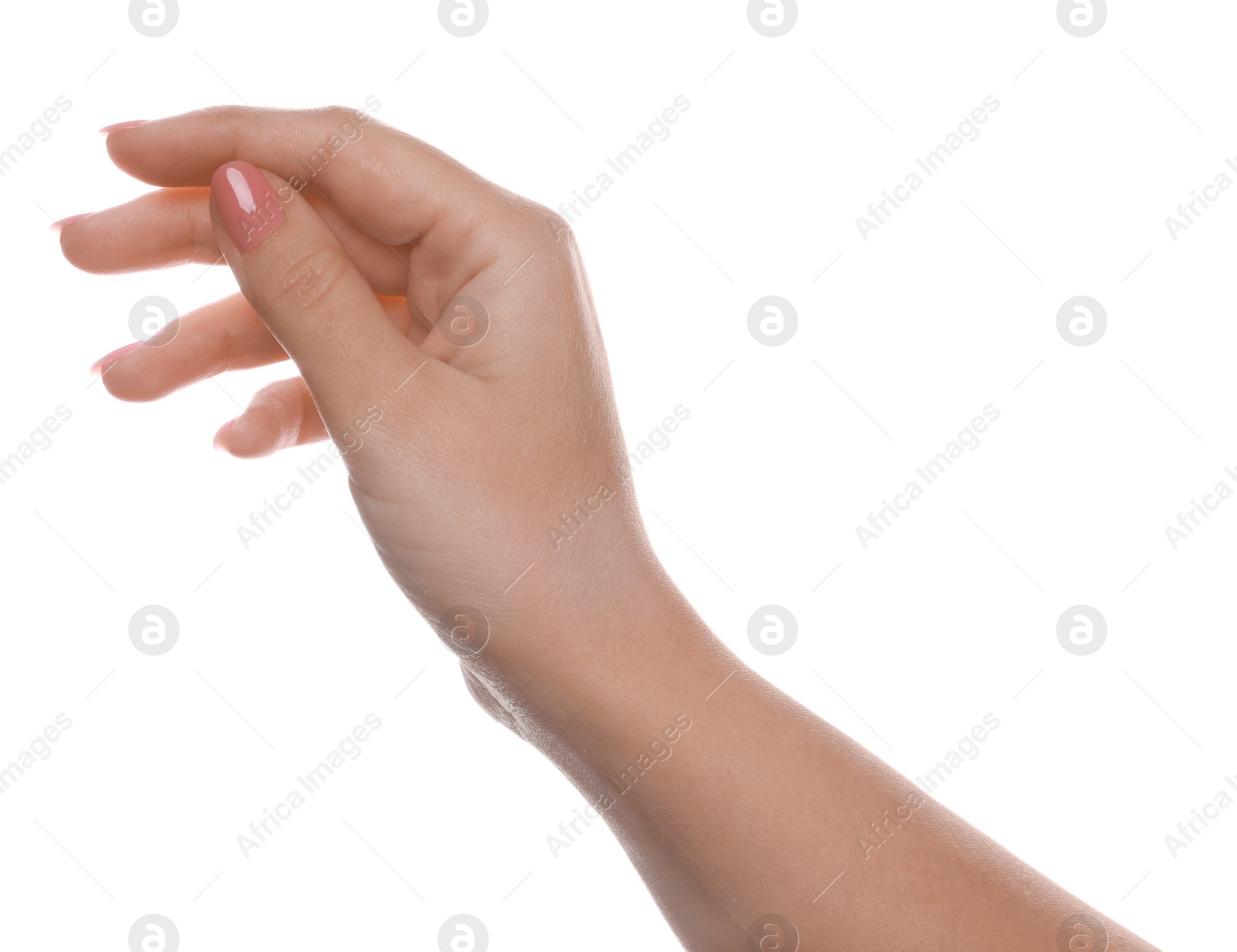 Photo of Woman holding something on white background, closeup