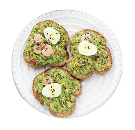 Photo of Slices of bread with tasty guacamole and eggs isolated on white, top view