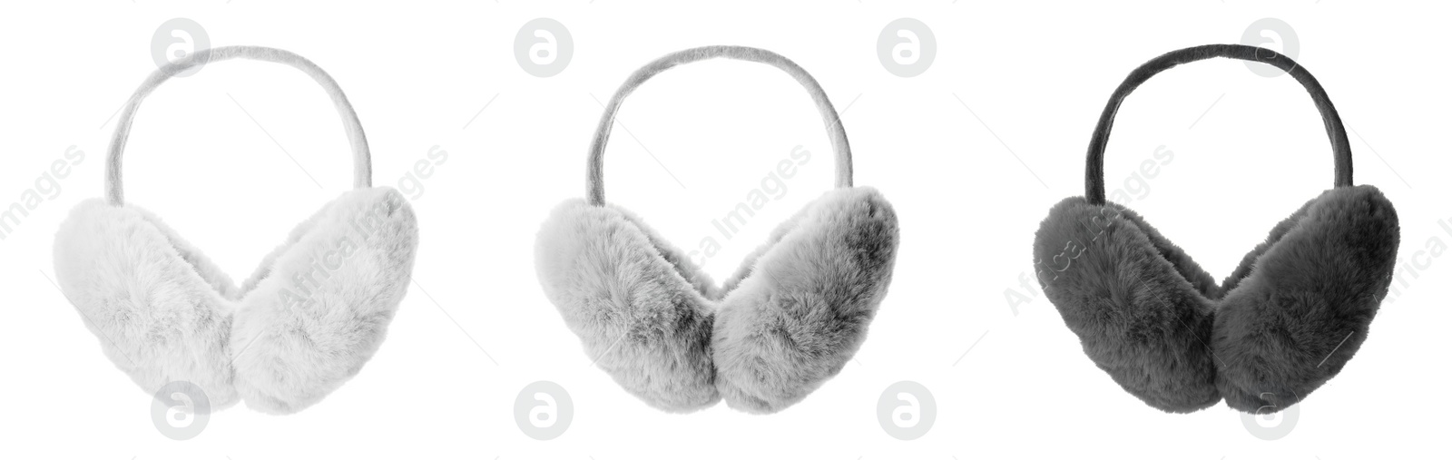 Image of Set with different soft earmuffs on white background