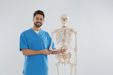 Male orthopedist with human skeleton model on light background