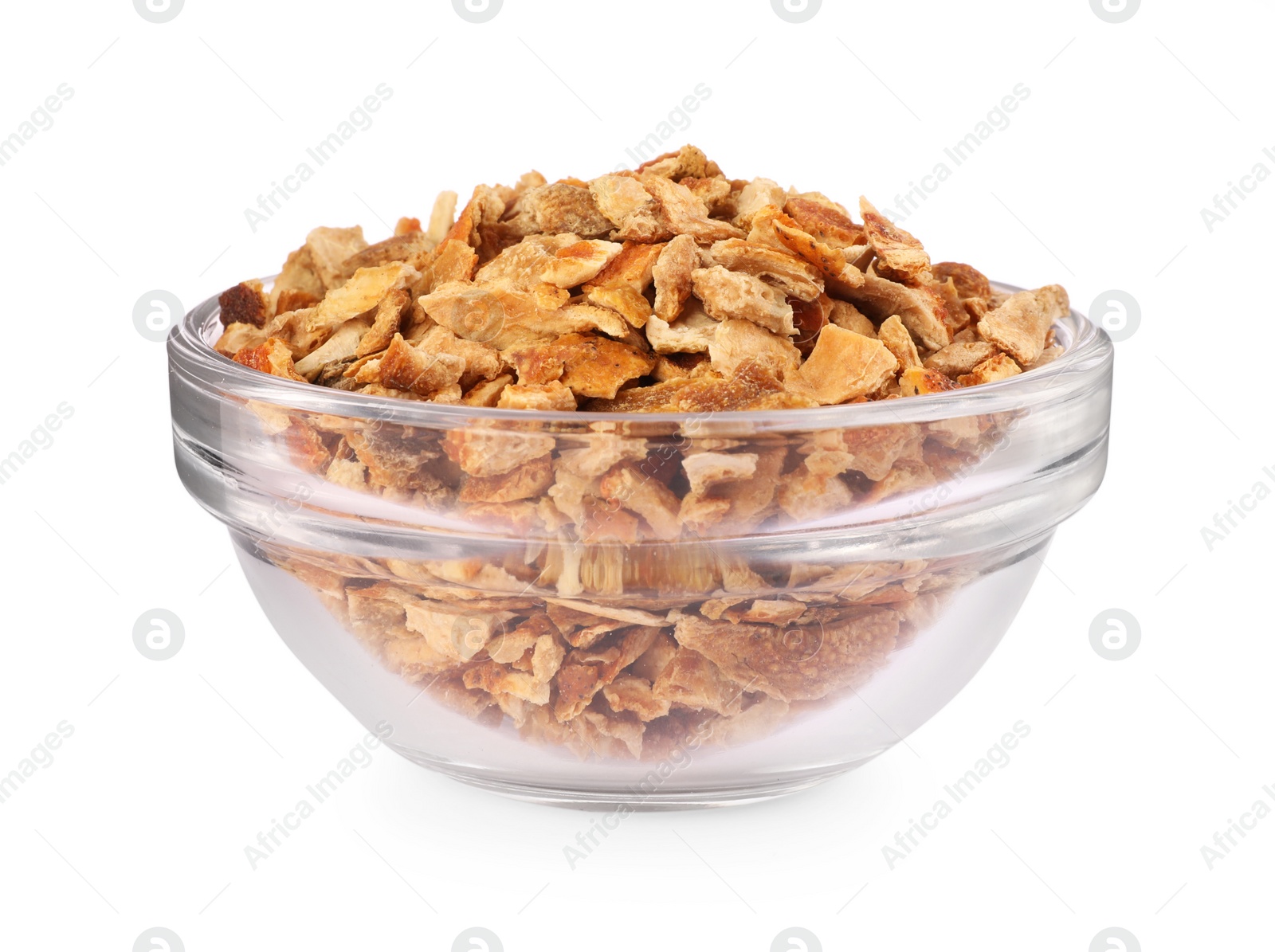 Photo of Bowl of dried orange zest seasoning isolated on white